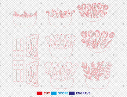 Wooden 3D Flower Pot SVG Floral Basket Decor for LightBurn and xTool