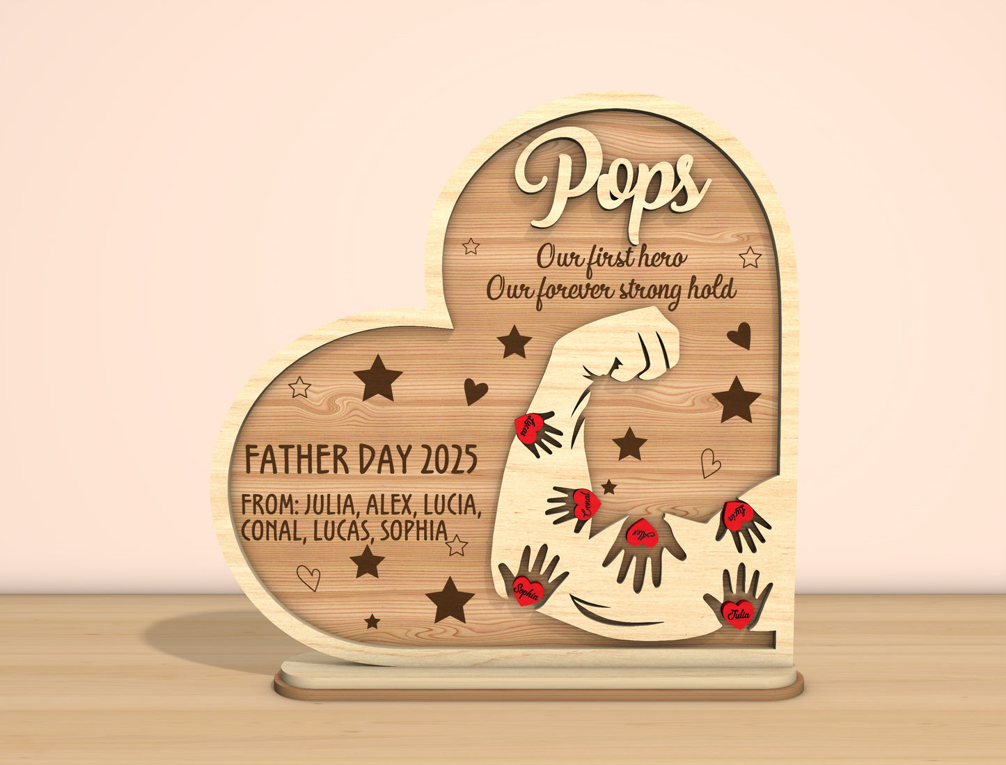 Father’s Day Strength Heart Laser Cut File | Dad Pops Papa Tabletop Sign | Family Love Wooden Decor | Glowforge, xTool, LightBurn, etc.