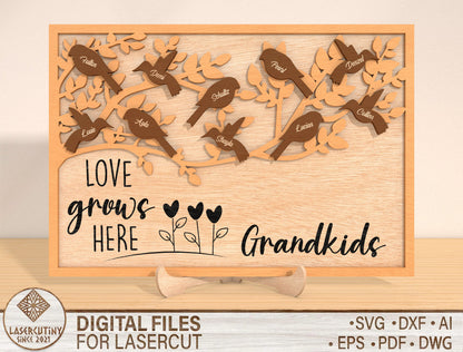 Bird Family Frame SVG Personalized Grandma Gift Laser Cut File for Glowforge and LightBurn