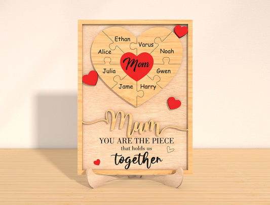 Personalized Mom Heart Puzzle Laser Cut File | Family Name Wooden Sign | Mother’s Day Decor | Glowforge, xTool, LightBurn etc.