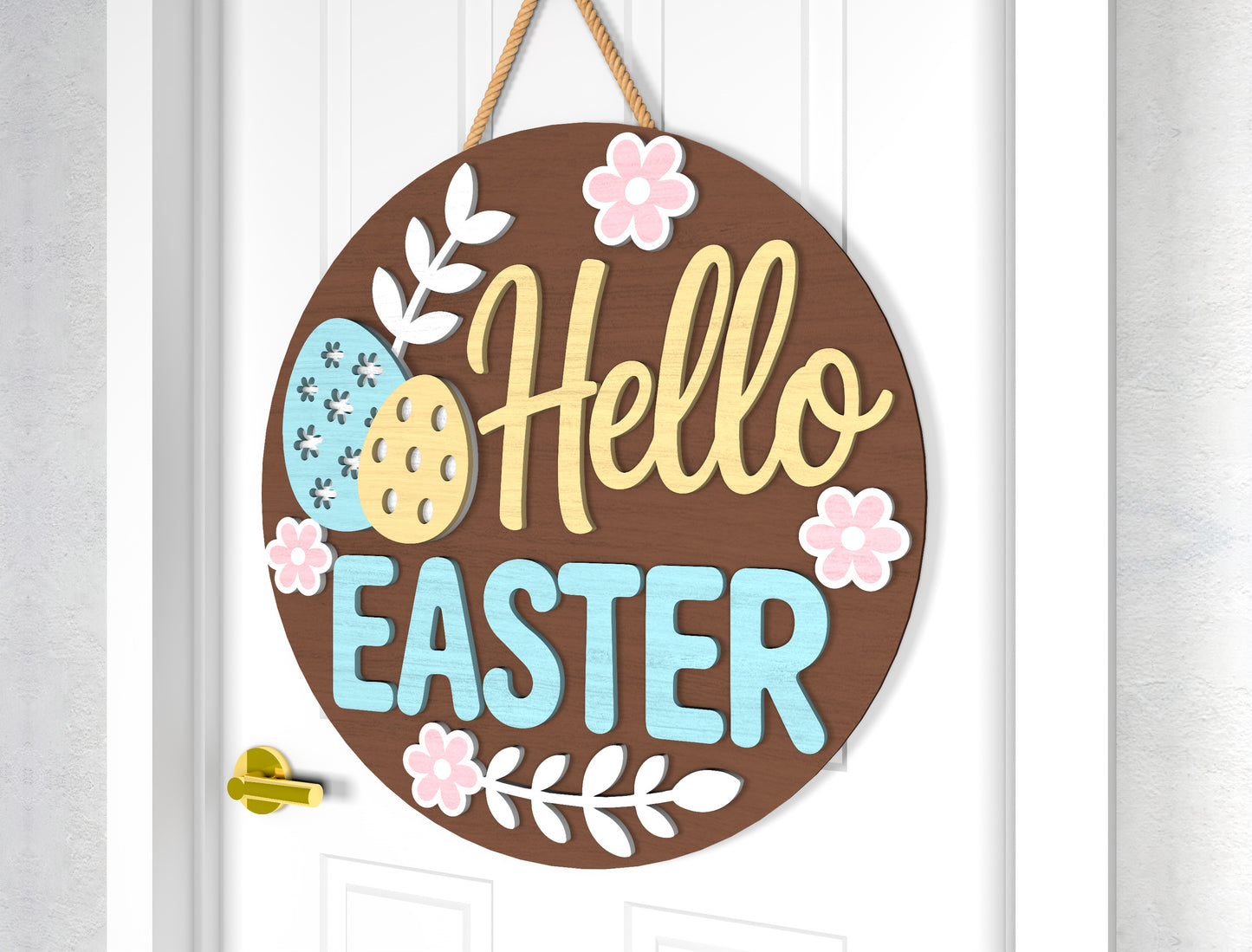 Hello Easter Door Sign SVG Pastel Spring Minimal Floral for LightBurn and xTool