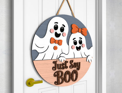 2 Cute Ghost Halloween Door Sign SVG Laser Cut Bundle for Glowforge