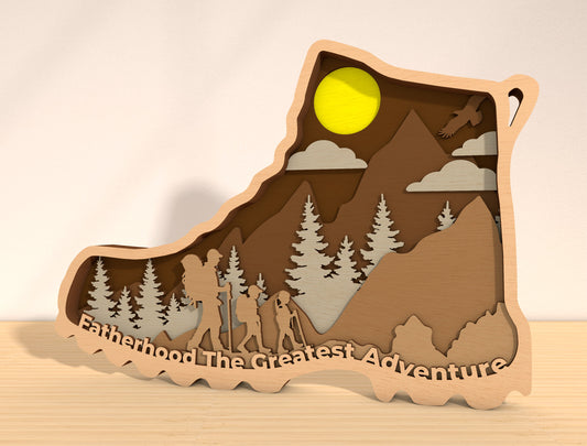 Fatherhood The Greatest Adventure Laser Cut File | Dad Hiking Scene Decor | Layered Mountain Wooden Art | Glowforge, xTool, LightBurn, etc.