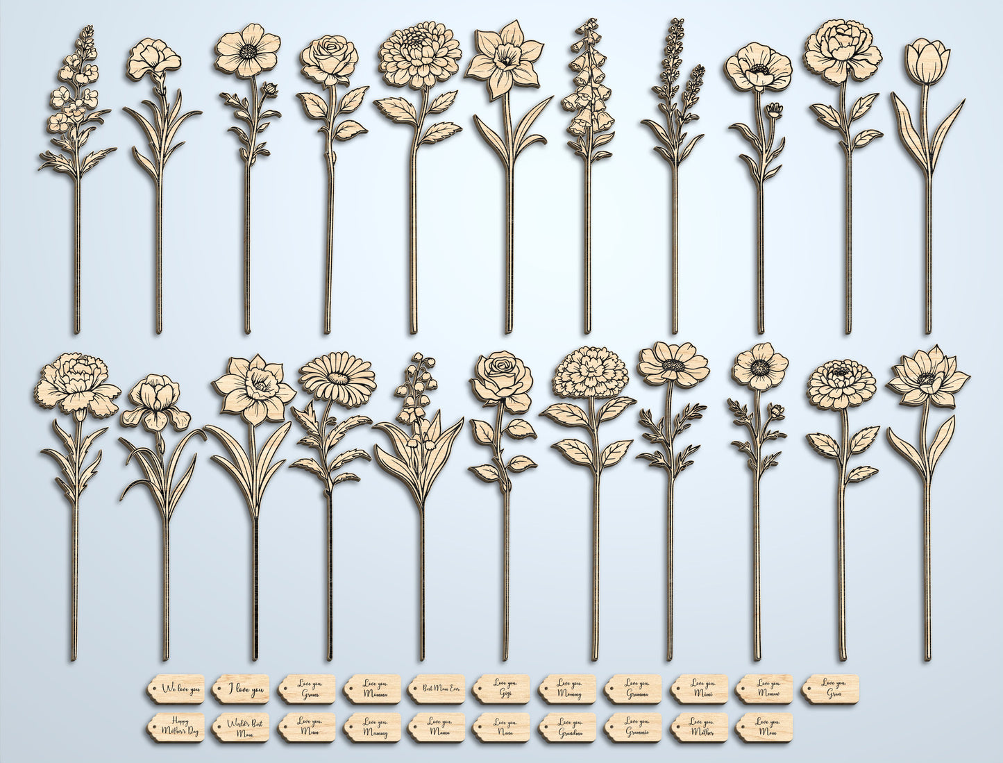 Wooden Flower Vase SVG Bundle 5 Vases 22 Flowers for Glowforge and xTool