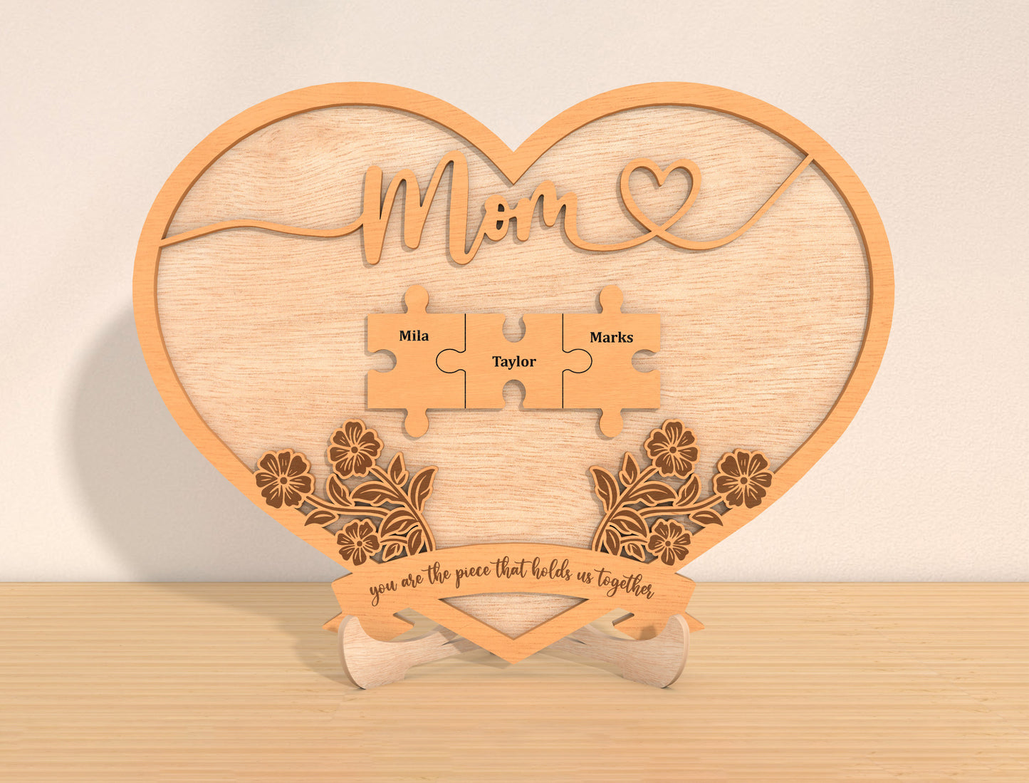 Personalized Mom Puzzle Heart Sign SVG 8 Names for Glowforge and xTool