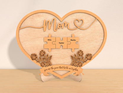 Personalized Mom Puzzle Heart Sign SVG 8 Names for Glowforge and xTool