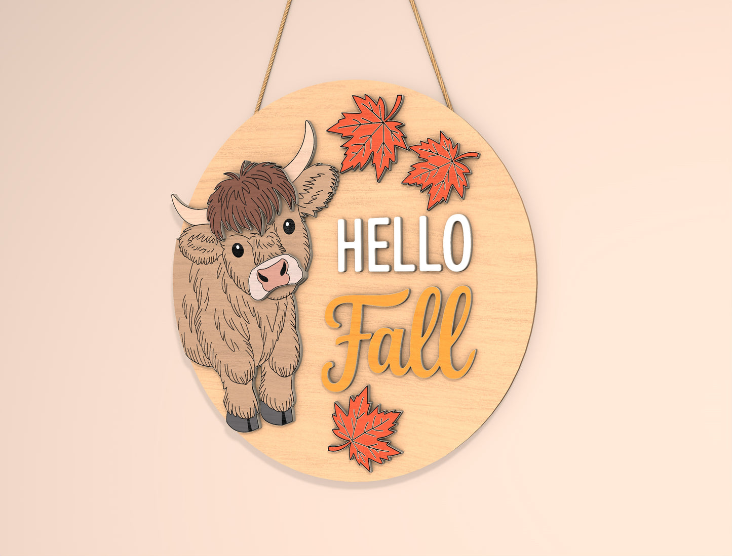 Highland Cow Hello Fall Door Hanger SVG Set for Glowforge xTool LightBurn | 2 Designs
