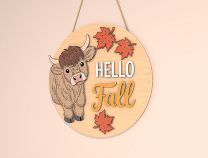 Highland Cow Hello Fall Door Hanger SVG Set for Glowforge xTool LightBurn | 2 Designs