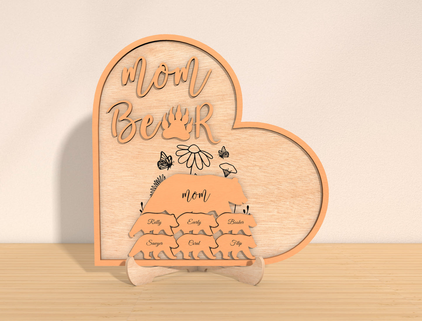 Mom Bear Family Laser Cut File | Personalized Mother’s Day Decor | Bear Cub Name Sign | Glowforge, xTool, LightBurn, etc..
