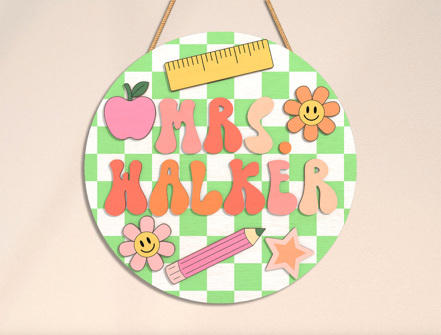 Personalized Gingham Classroom Door Sign SVG Laser Cut File for xTool