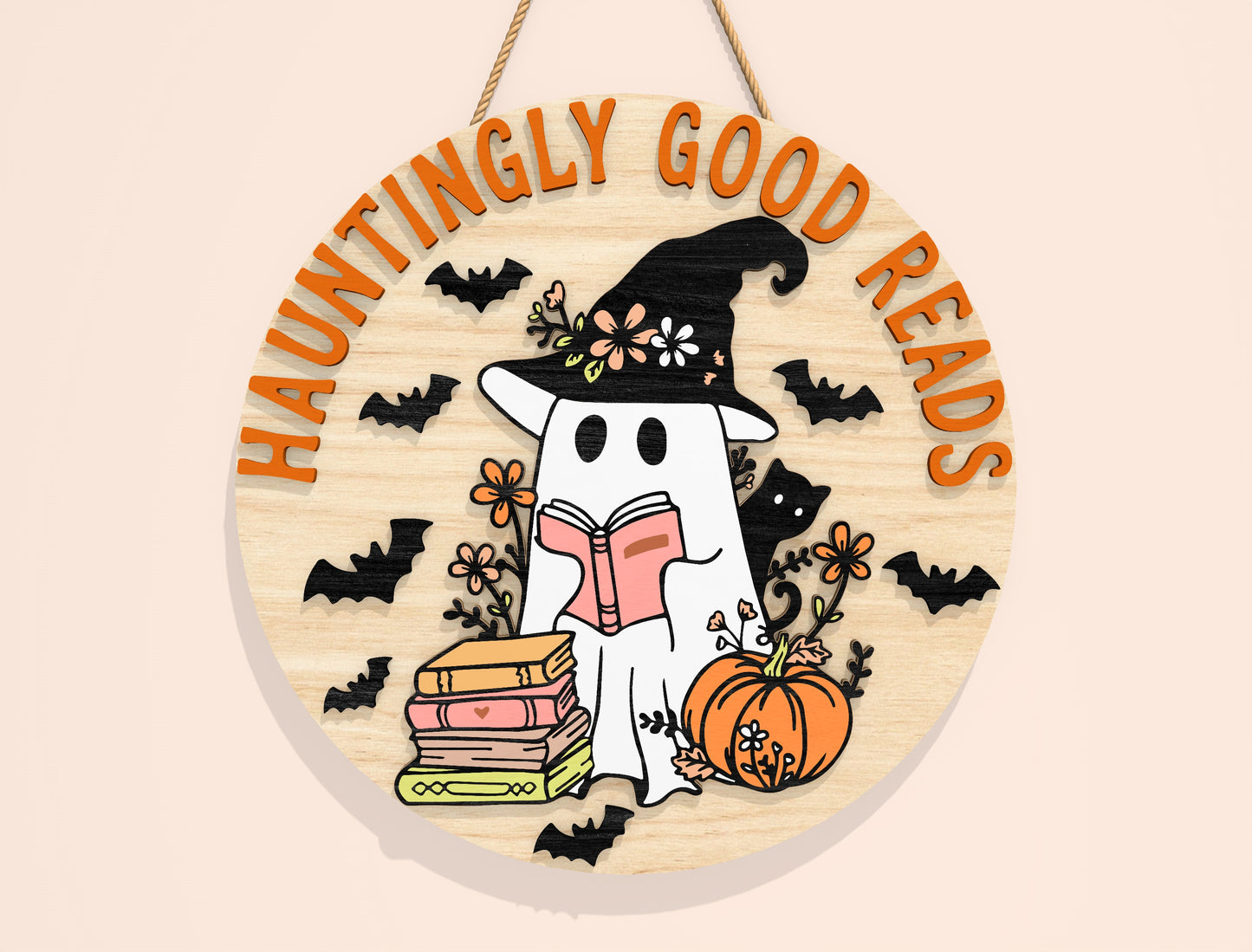 Halloween Reading Ghost Door Sign SVG Bundle Laser Cut File | 8 Funny Book Lover Designs | Round Wooden Decor | Glowforge, xTool, LightBurn, etc.