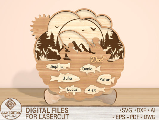Personalized Dad Fishing Scene SVG Laser Cut File | Family Name Sign Decor | Layered Wooden Art | Glowforge, xTool, LightBurn, etc.