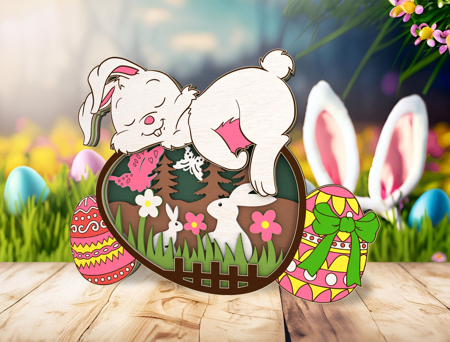 Multilayer Bunny Egg Scene SVG Bundle Rabbit Floral for LightBurn and xTool