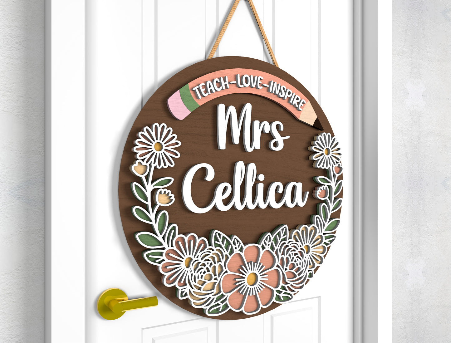 Personalized Boho Floral Teacher Door Sign SVG Laser Cut File for Glowforge and xTool