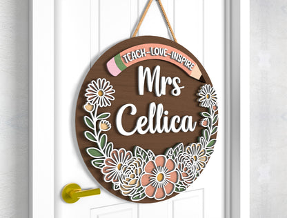 Personalized Boho Floral Teacher Door Sign SVG Laser Cut File for Glowforge and xTool