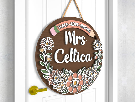 Personalized Boho Floral Teacher Door Sign SVG Laser Cut File for Glowforge and xTool