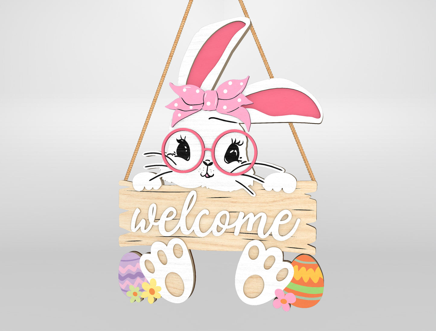 Easter Bunny Welcome Sign SVG Bundle Cute Door Hanger for Glowforge and xTool