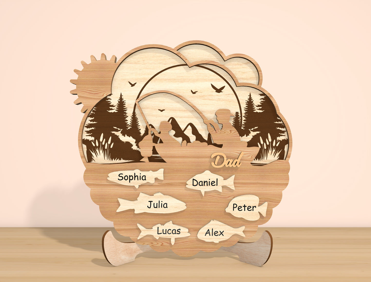 Personalized Dad Fishing Scene SVG Laser Cut File | Family Name Sign Decor | Layered Wooden Art | Glowforge, xTool, LightBurn, etc.