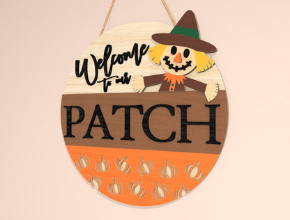Scarecrow Welcome to Our Patch Door Hanger SVG Set for Glowforge xTool LightBurn 2 Designs