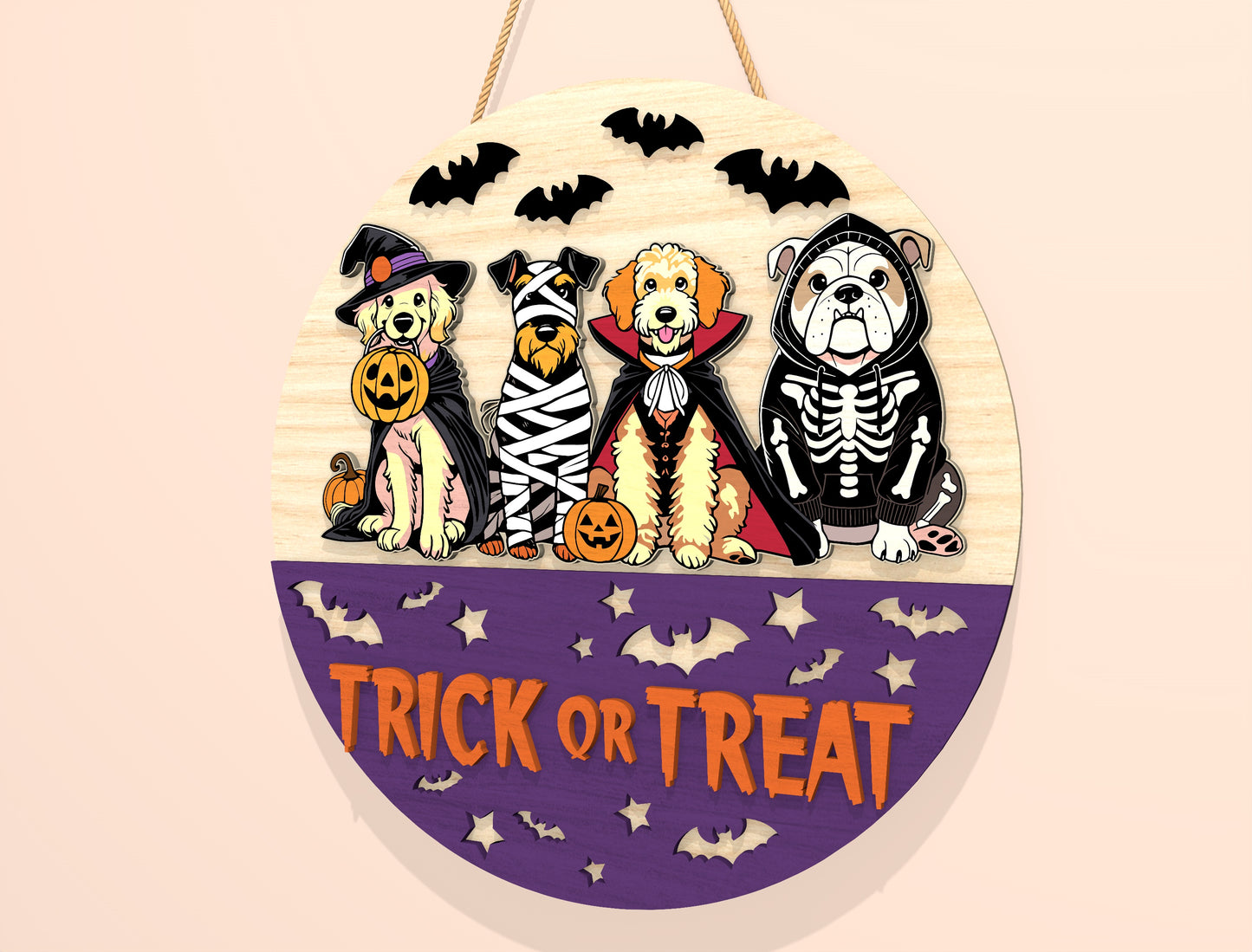 Trick or Treat Dog Door Hanger SVG Set for Glowforge xTool LightBurn 2 Designs