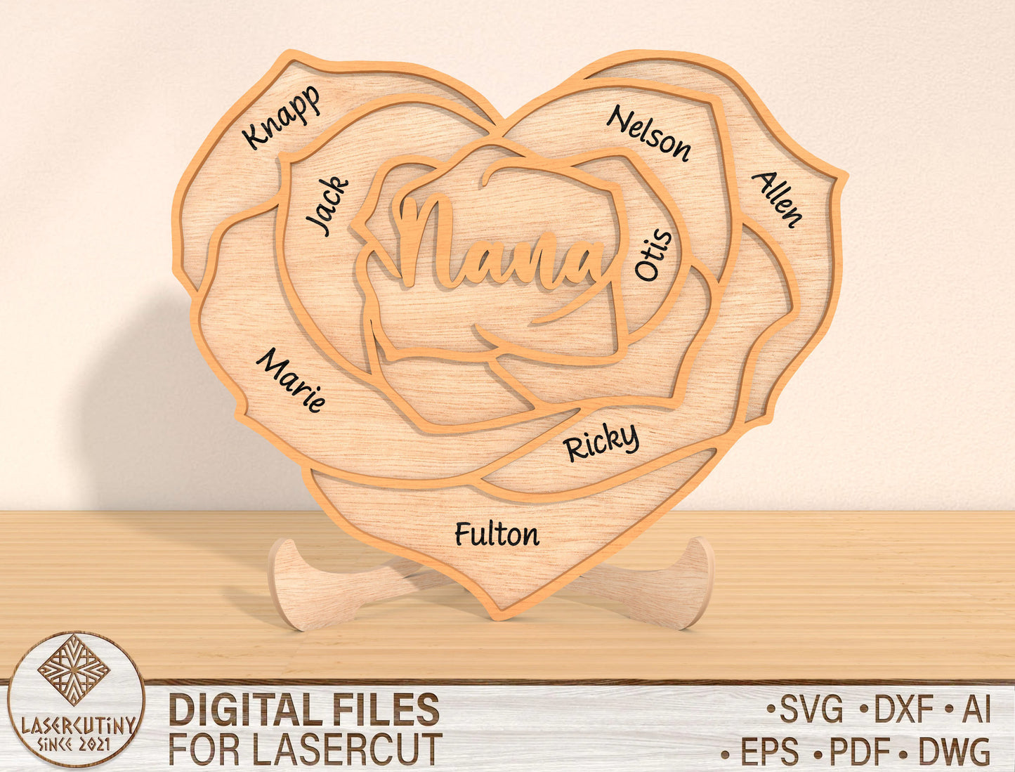 Rose Heart Family Name Sign SVG Bundle for Glowforge and xTool