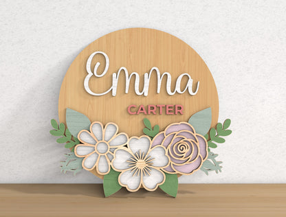 Personalized Floral Name Door Hanger SVG Custom Flower Round Sign Laser Cut File for Glowforge and xTool