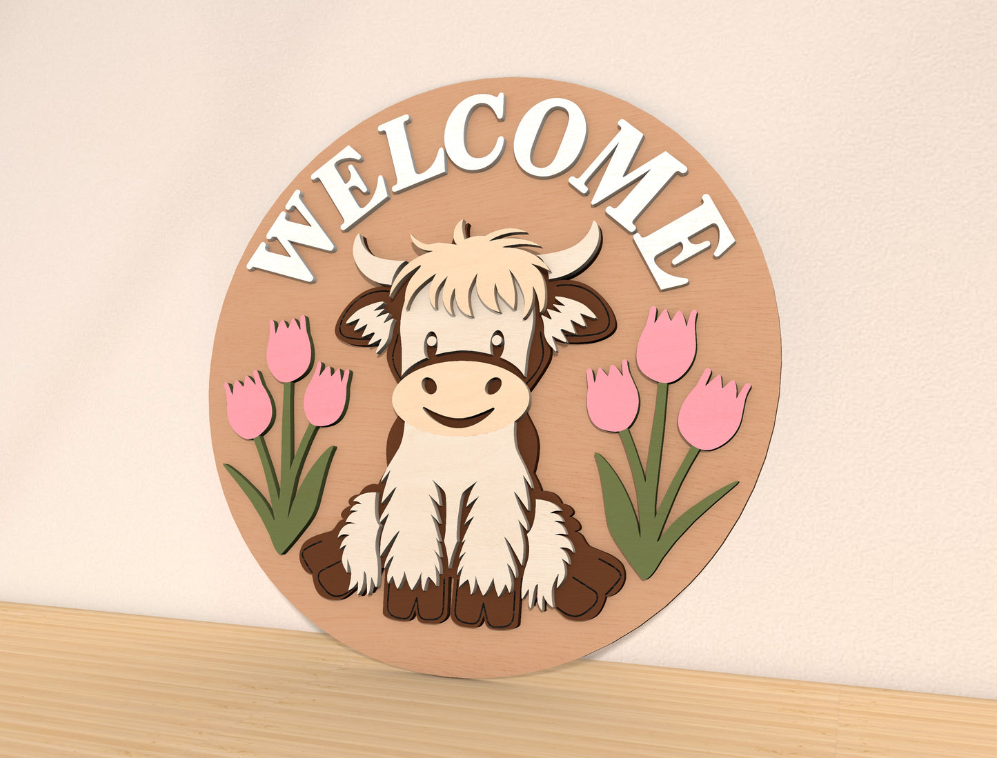 Spring Round Door Hanger SVG Highland Cow Hello Spring for LightBurn