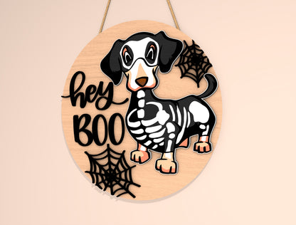 Hi Hey Boo Skeleton Dachshund Halloween Door Hanger SVG Set for Glowforge xTool LightBurn 2 Designs