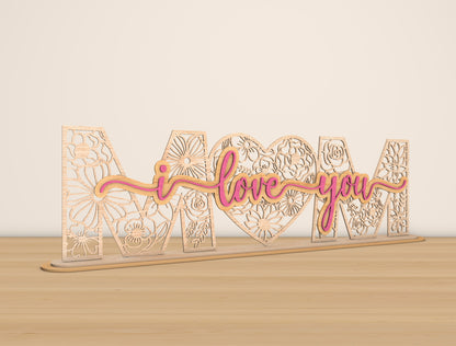 Mom I Love You Laser Cut File | Mother’s Day Wooden Sign | Floral Pattern Decor | Glowforge, xTool, LightBurn Compatible, etc.