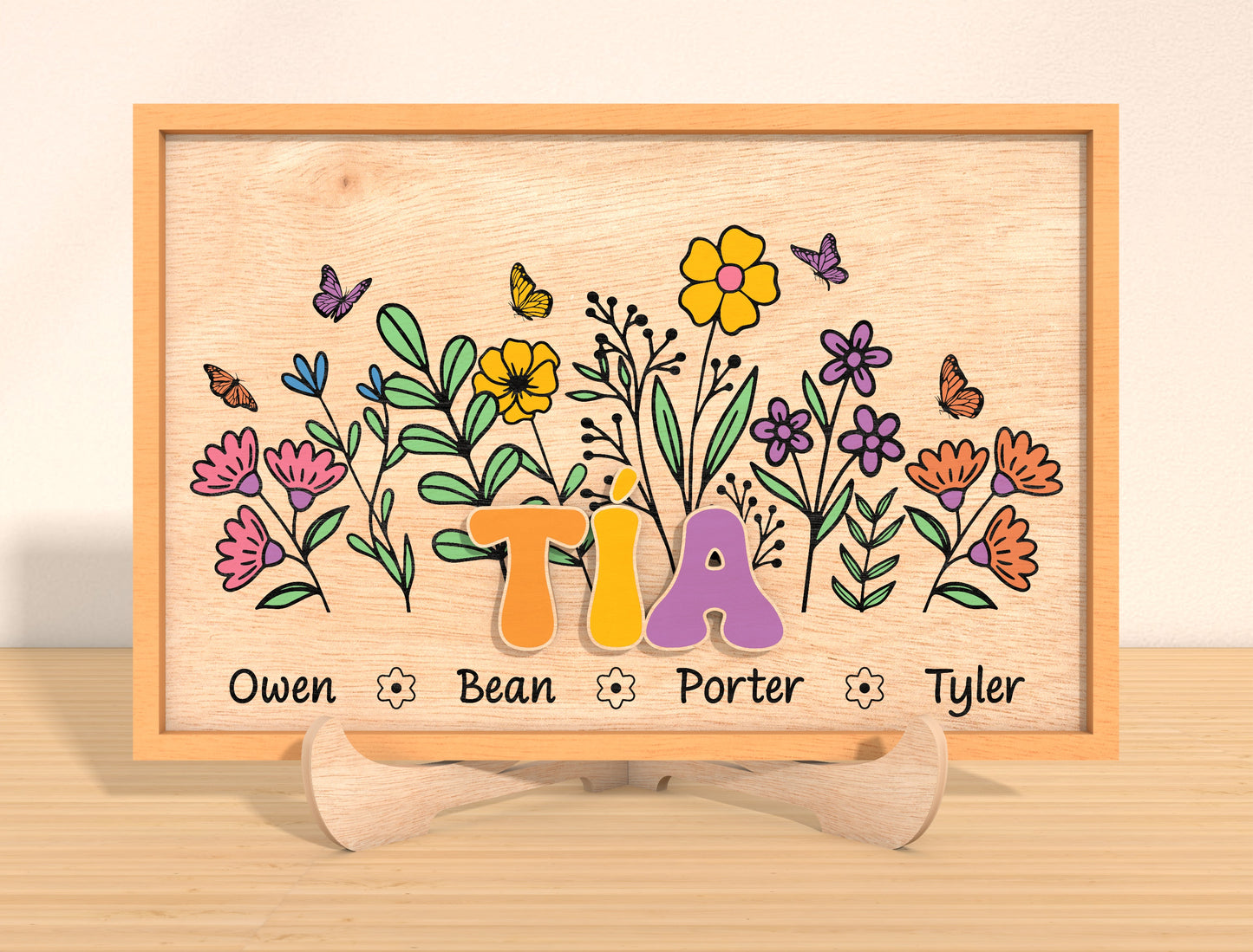 Personalized Mother’s Day Floral Name Sign Laser Cut File | Custom Mom & Grandma Decor | Colorful Botanical Style | Glowforge, xTool, LightBurn, etc.