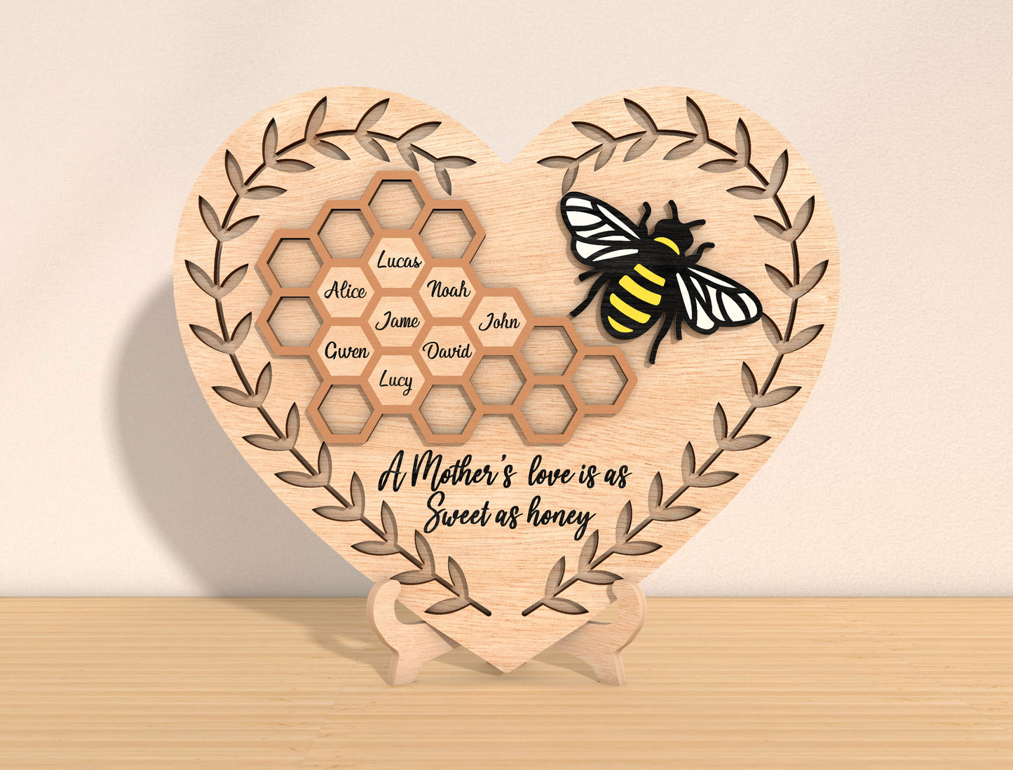 Personalized Honeycomb Heart SVG Family Name Bee Sign Laser Cut File for xTool and LightBurn