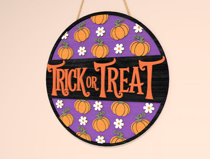 Trick or Treat Round Sign SVG Laser Cut File | 2 Halloween Door Designs | Cute Spooky Decor | Glowforge, xTool, LightBurn, etc.