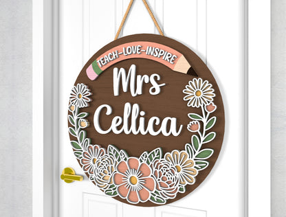 Personalized Boho Floral Teacher Door Sign SVG Laser Cut File for Glowforge and xTool