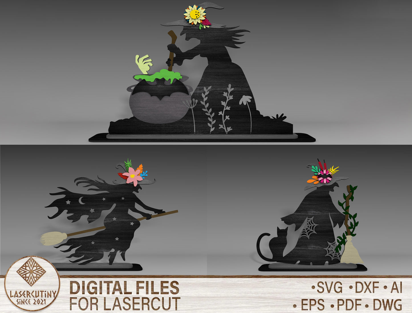Halloween Witch Silhouette SVG Bundle Standing Shelf Sitter for LightBurn Glowforge xTool 3 Designs