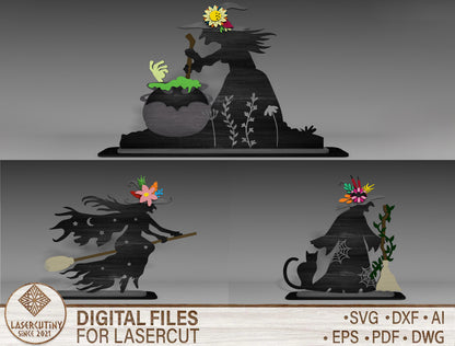 Halloween Witch Silhouette SVG Bundle Standing Shelf Sitter for LightBurn Glowforge xTool 3 Designs