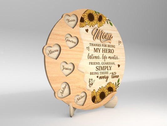 Mom Sunflower Round Heart Name Sign SVG for Glowforge and xTool