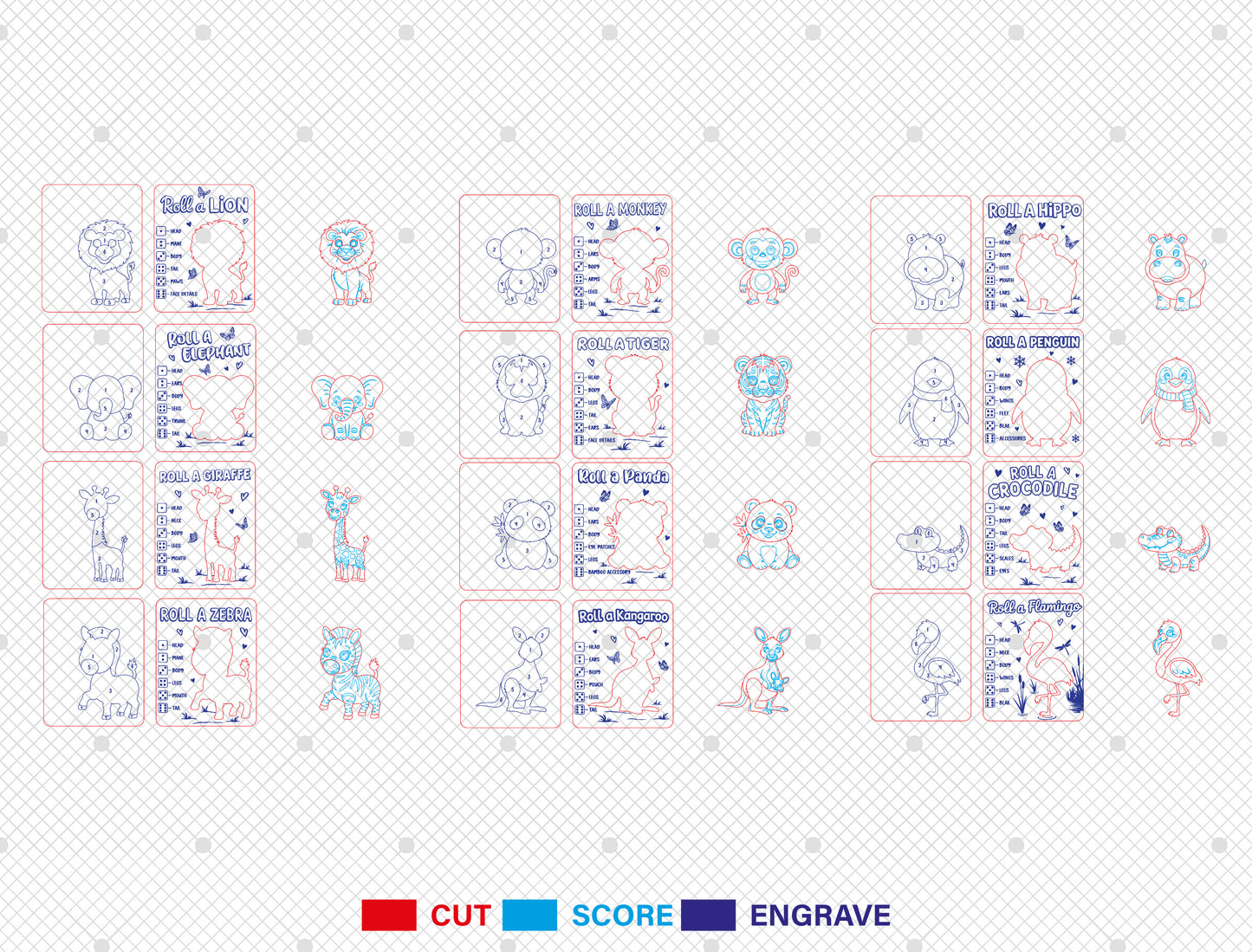 Kids Roll a Zoo Animal Game SVG Bundle for Glowforge xTool | 12 Designs