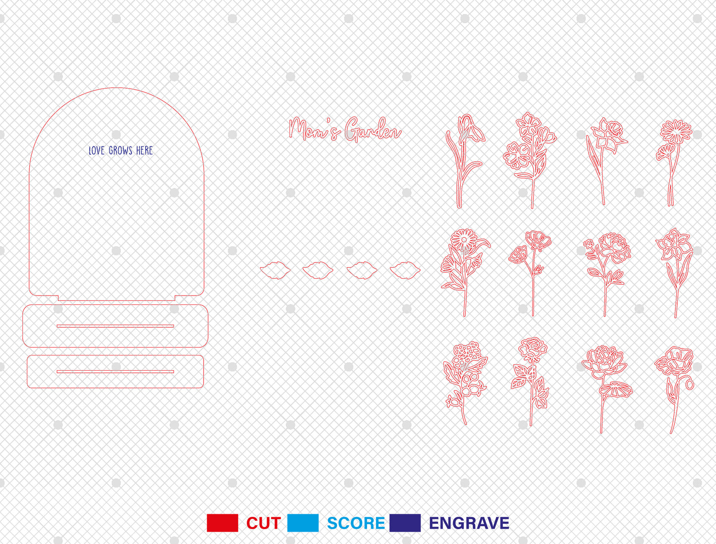 Personalized Mom Garden Flower Holder SVG Birth Month Flowers Laser Cut File for xTool and LightBurn