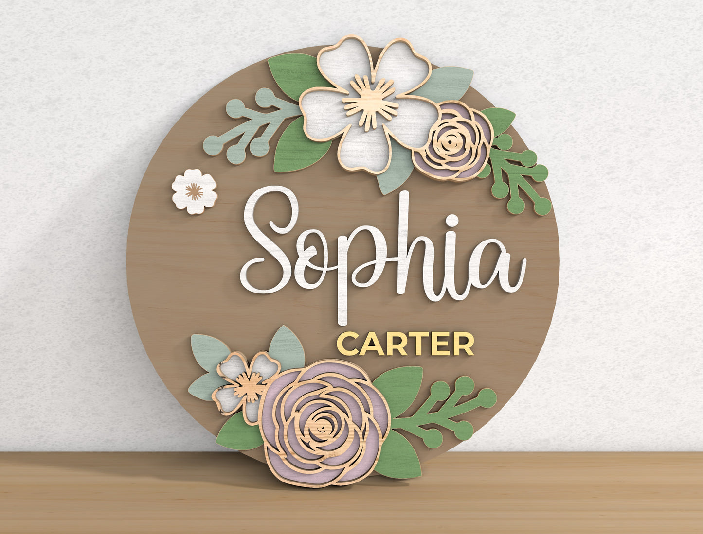 Personalized Floral Name Door Hanger SVG Custom Flower Round Sign Laser Cut File for Glowforge and xTool