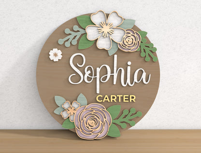 Personalized Floral Name Door Hanger SVG Custom Flower Round Sign Laser Cut File for Glowforge and xTool