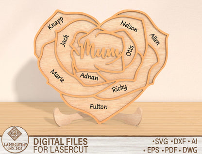 Rose Heart Family Name Sign SVG Bundle for Glowforge and xTool