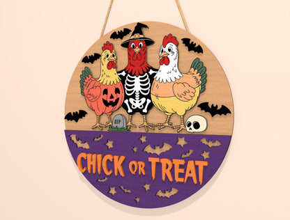 Chick or Treat Halloween Door Hanger SVG Laser Cut File | 2 Funny Chicken Designs | Round Wooden Decor | Glowforge, xTool, LightBurn, etc.