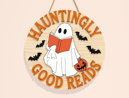 Halloween Reading Ghost Door Sign SVG Bundle Laser Cut File | 8 Funny Book Lover Designs | Round Wooden Decor | Glowforge, xTool, LightBurn, etc.