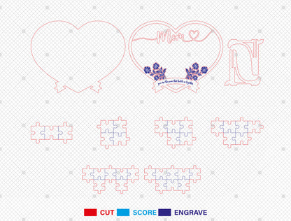 Personalized Mom Puzzle Heart Sign SVG 8 Names for Glowforge and xTool