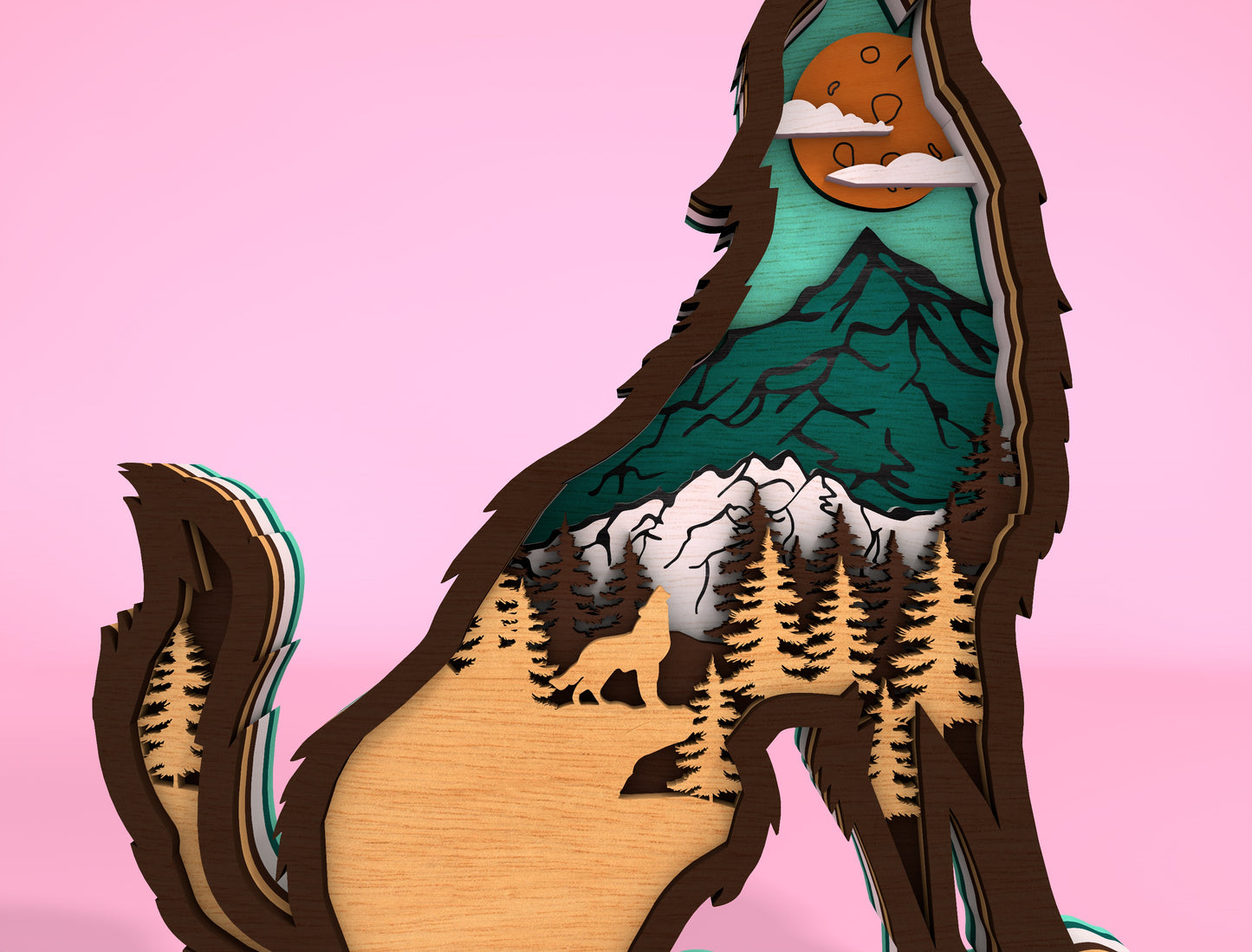 Multilayer Wolf Mountain Scene SVG Laser Cut File for LightBurn