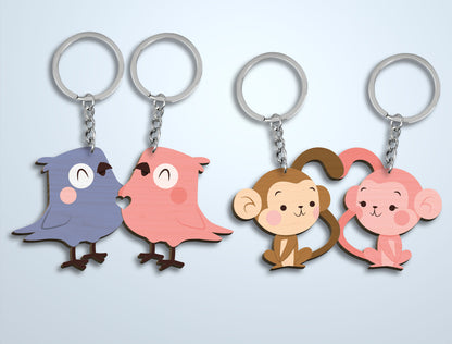 Animal Couple Keychain Laser Cut File Bundle | Cute Love Animals SVG Set | Valentine Wooden Keychain Design | Glowforge, xTool, LightBurn, etc.