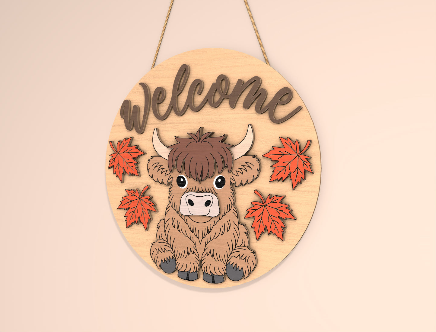 Highland Cow Hello Fall Door Hanger SVG Set for Glowforge xTool LightBurn | 2 Designs
