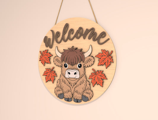 Highland Cow Hello Fall Door Hanger SVG Set for Glowforge xTool LightBurn | 2 Designs