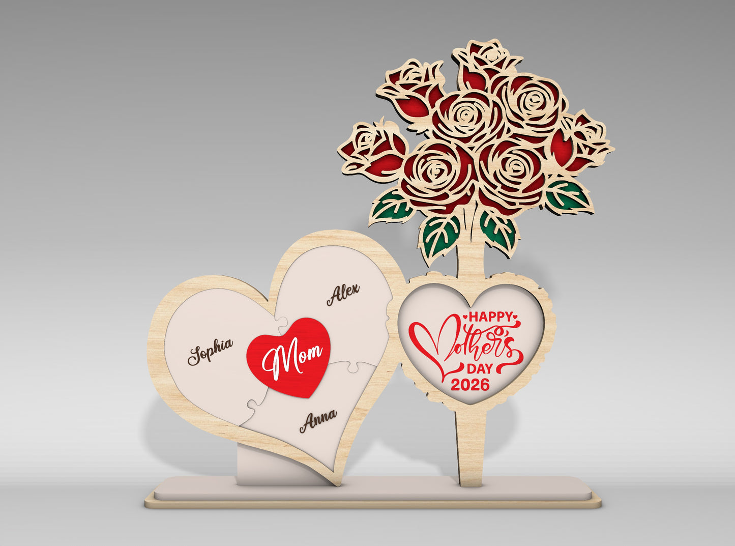 Personalized Mom Heart Rose Bouquet Sign SVG for Glowforge and xTool