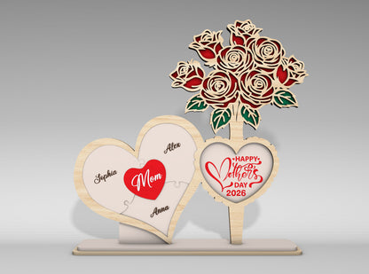 Personalized Mom Heart Rose Bouquet Sign SVG for Glowforge and xTool